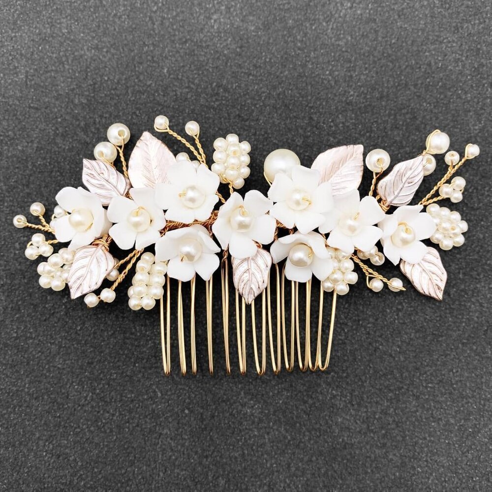 Bridal White Hair Comb Pearl Leaf Ceramic Flower Wedding Accessories